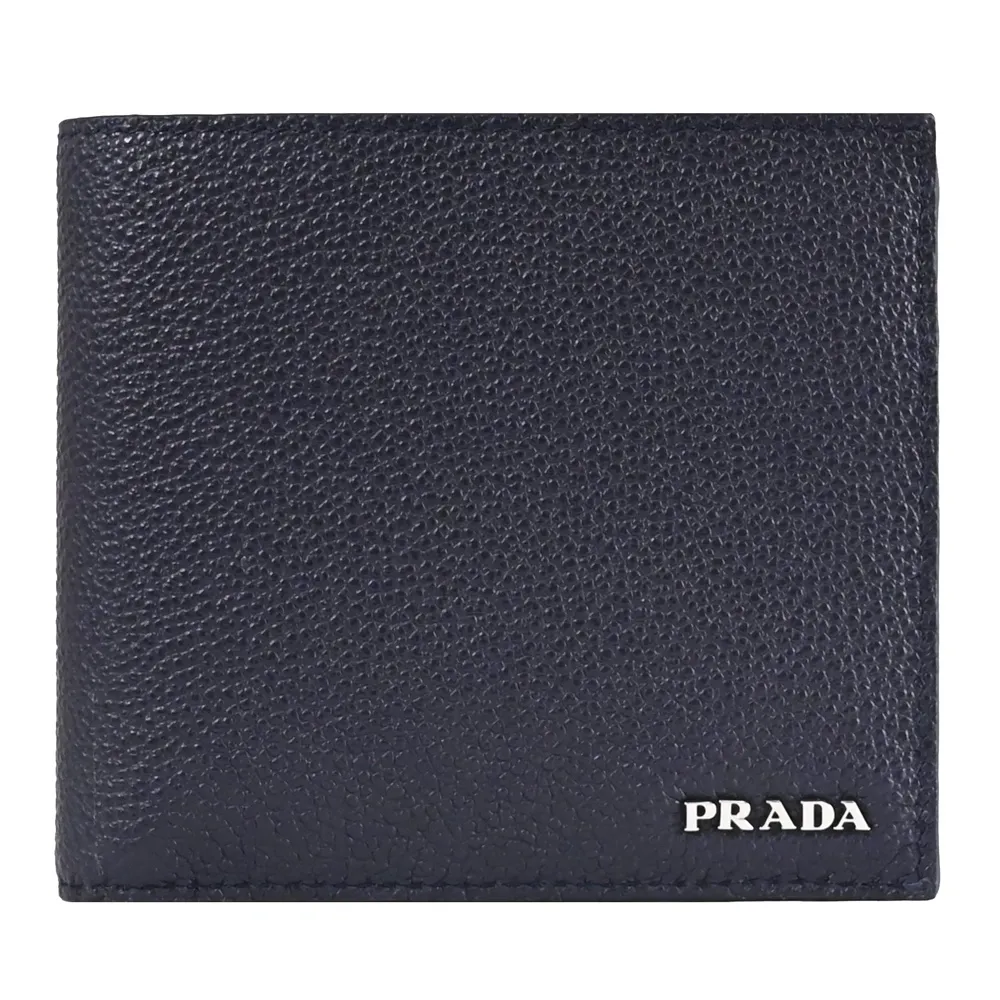 【PRADA 普拉達】經典浮雕LOGO荔枝牛皮雙層8卡對折短夾(深藍)