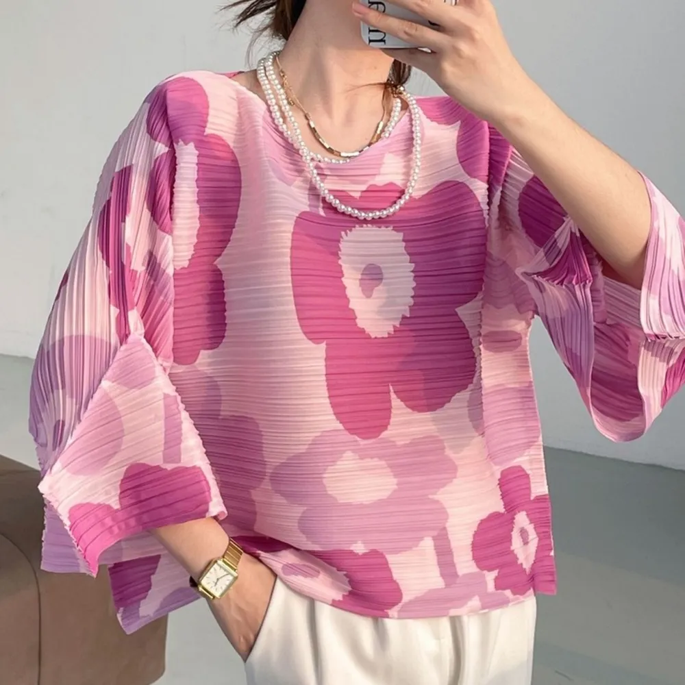 【巴黎精品】現貨+預購 三宅風皺褶衣服褶皺上衣高級摺衣彈力女裝顯瘦折衣大碼(七分袖寬鬆T恤2色a1jb10)