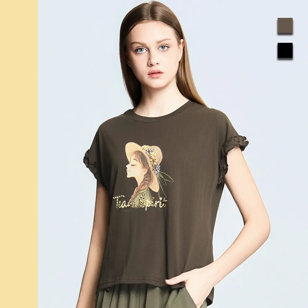 【Just Wear 佳葳】荷葉連袖夏日女孩印圖上衣 2色(女上衣/女上著/短袖/素色/休閒/百搭/棉T)