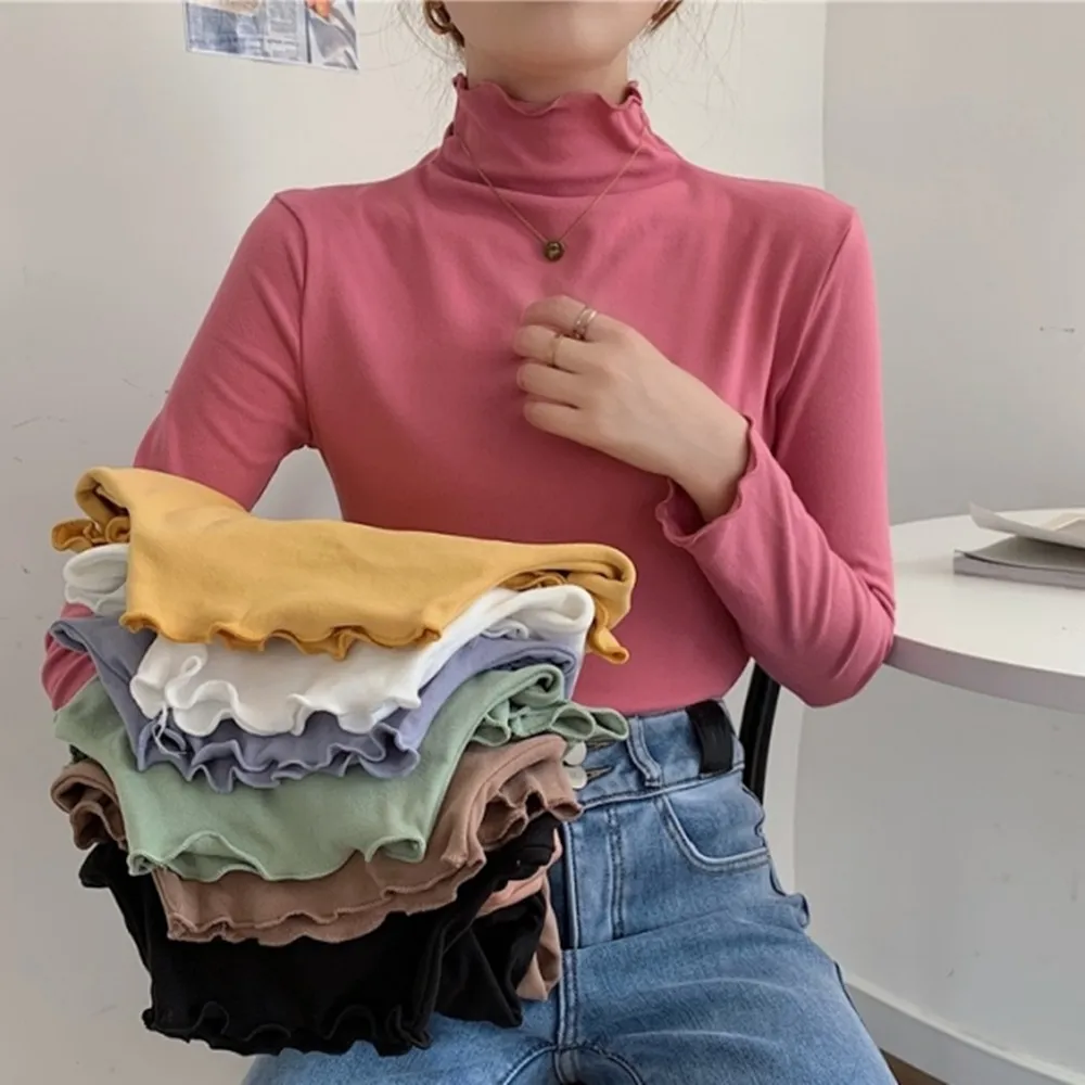 【baibeauty 白鳥麗子】韓系素面薄絨半高領木耳邊保暖長袖上衣