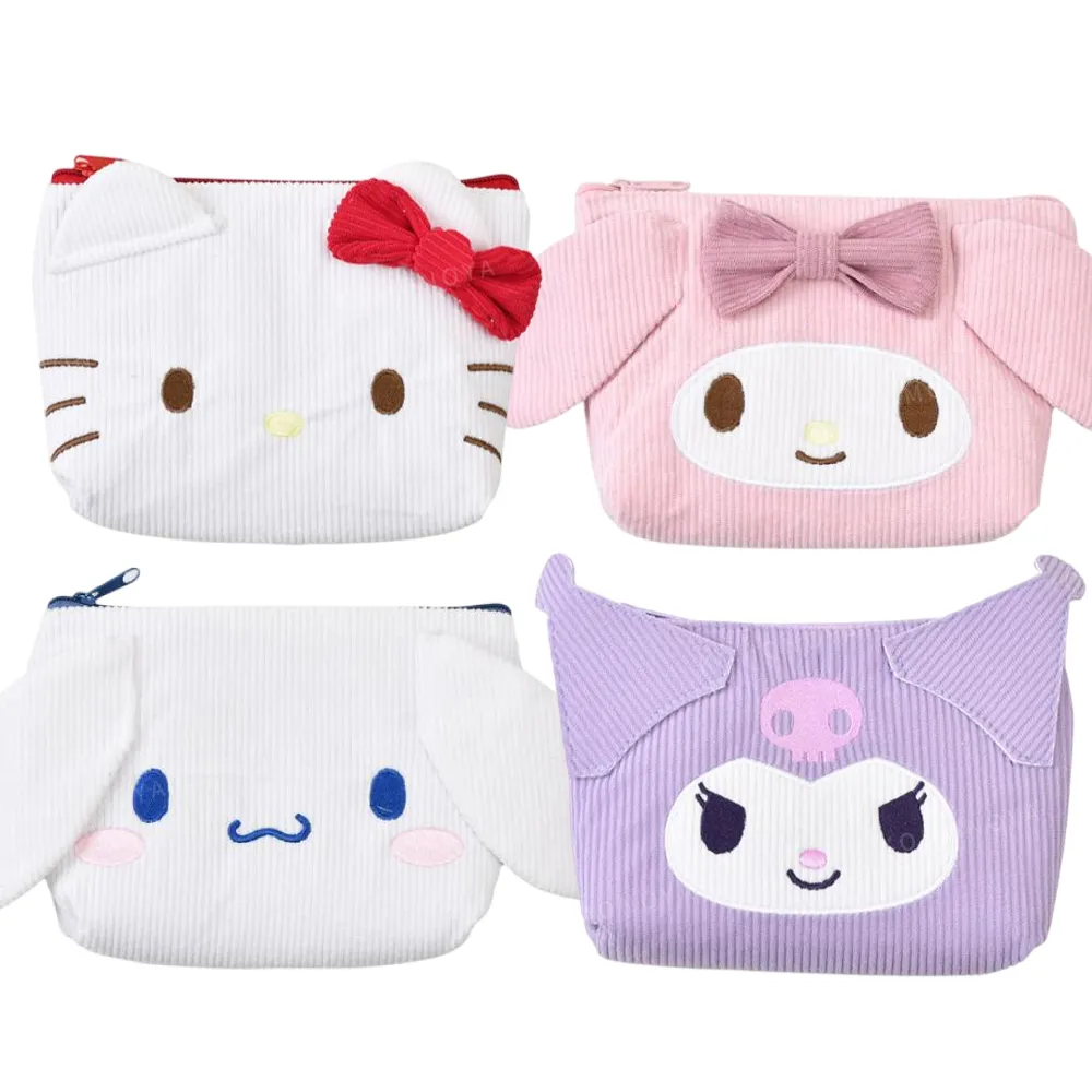【小禮堂】雙11 Sanrio 三麗鷗 燈芯絨造型化妝包 大臉款 Kitty 美樂蒂 大耳狗 酷洛米(平輸品)