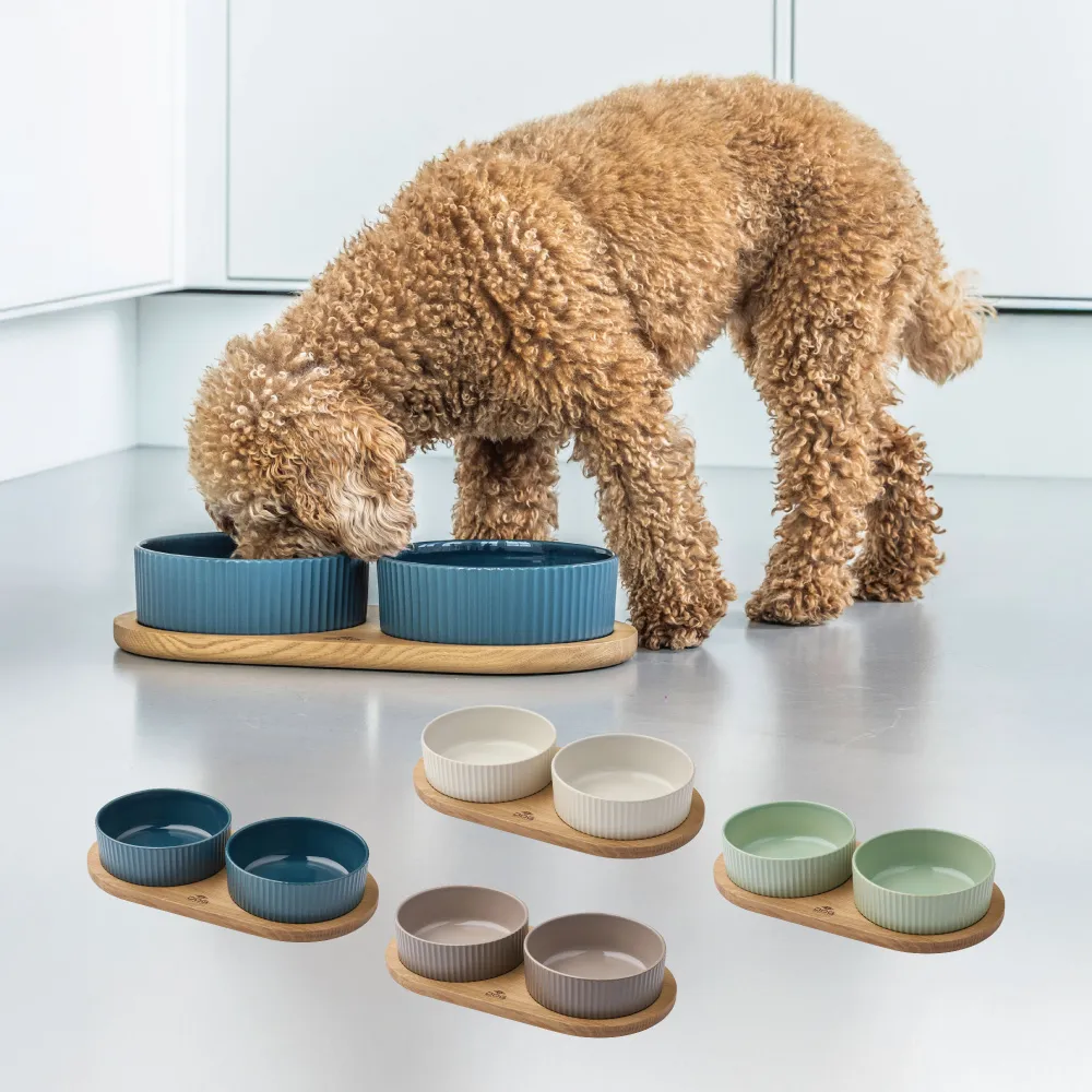 【DOG Copenhagen】丹麥犬Kronborg寵物雙碗餐墊組-大(歐洲匠心工藝 陶瓷狗碗橡木餐墊)