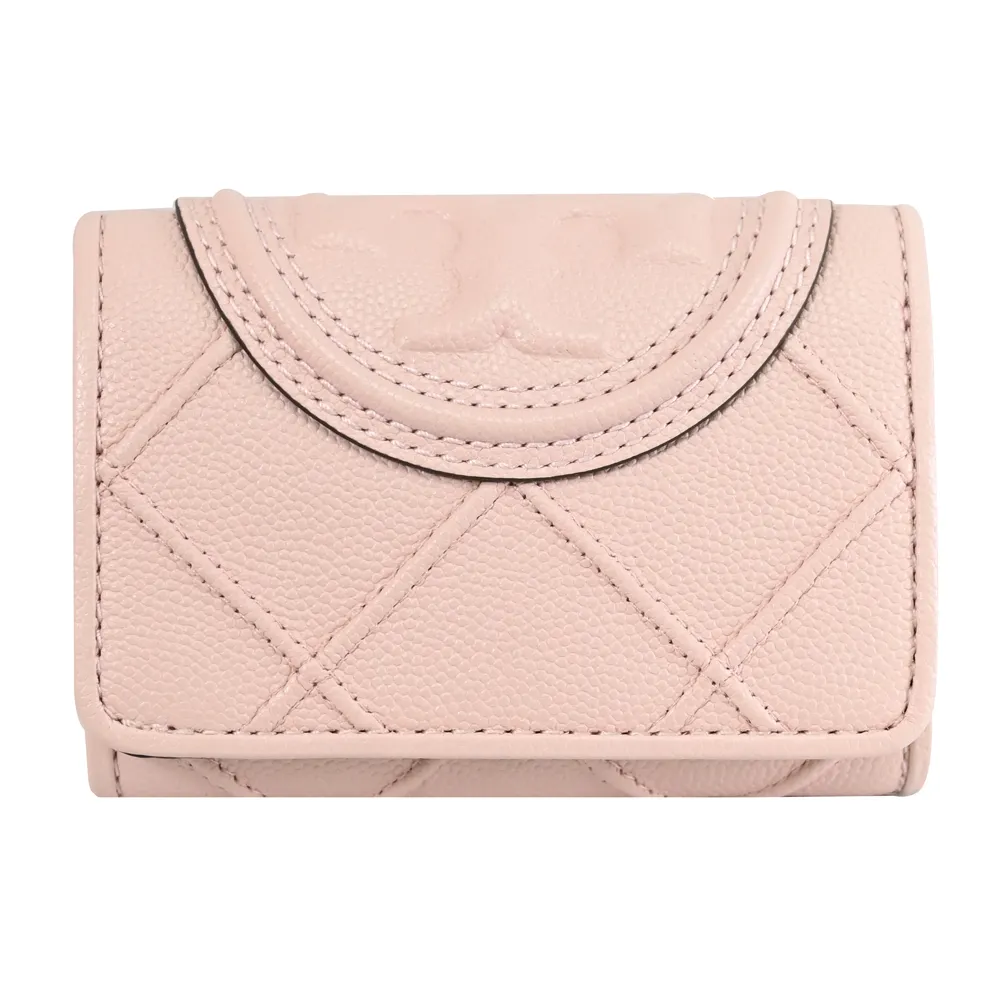 【TORY BURCH】經典立體雙T LOGO菱格車線皮革三折小短夾(粉)