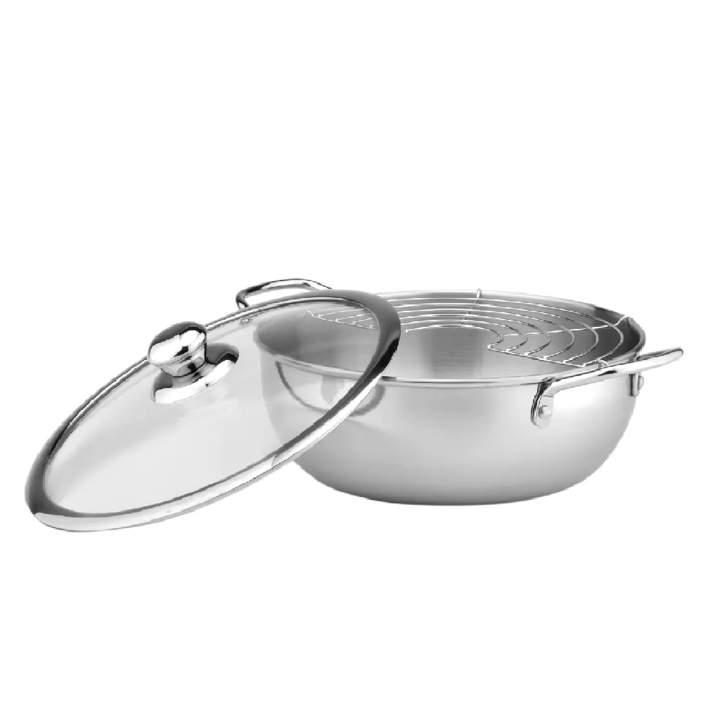 【Chieh Pao 潔豹】304不鏽鋼炸煮通用小火鍋 24CM 2.5L(強化玻璃蓋 附油網)