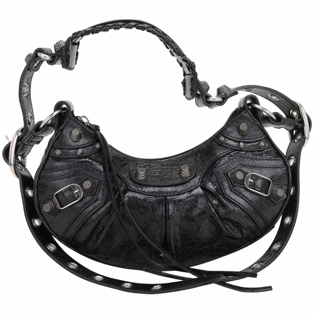 【Balenciaga 巴黎世家】Le Cagole XS 新版 鞣製小羊皮肩 斜背可頌包-黑色(肩背包 腋下包 可頌包)