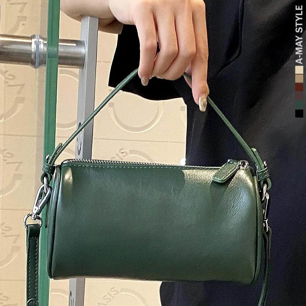 【Amay Style 艾美時尚】秋新品 真皮女包 斜背包 肩背包 質感素面百搭牛皮手提側肩圓筒包(6色.預購)