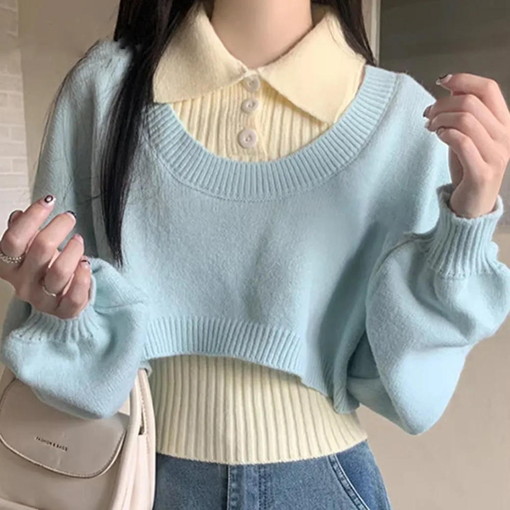 【D.studio】韓版學院風兩件式針織上衣+針織背心(長袖上衣女裝衣服長袖t恤保暖上衣冬季女裝秋冬女裝 W524)