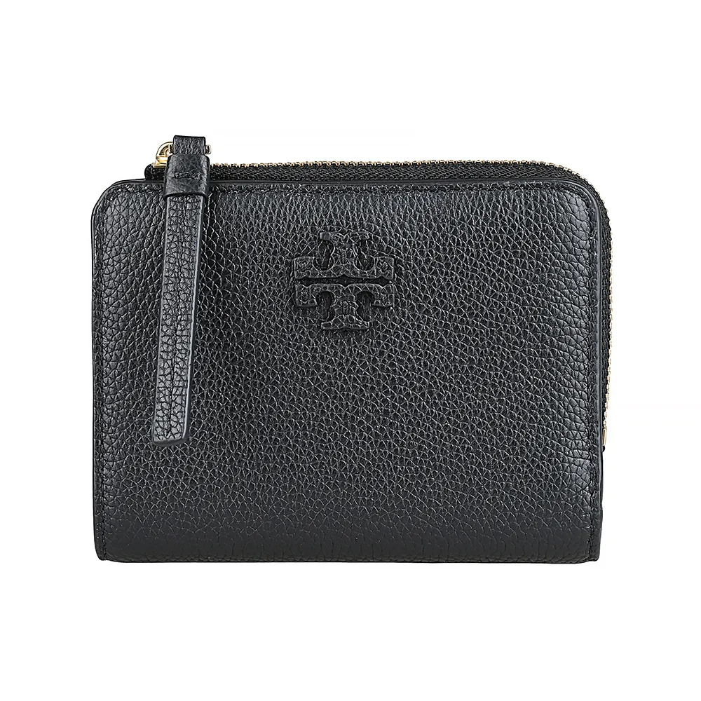 【TORY BURCH】TORY BURCH Mcgraw 皮革T字LOGO小牛皮內搭織布6卡按釦拉鍊袋短夾(黑)