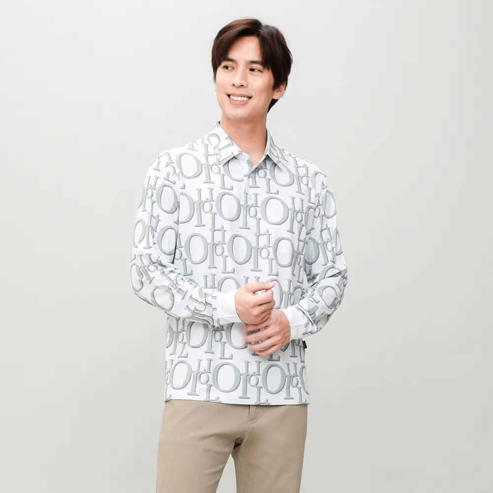 【oillio 歐洲貴族】男裝 長袖品牌POLO衫 口袋 經典休閒 滿版LOGO (白色 法國品牌 有大尺碼)