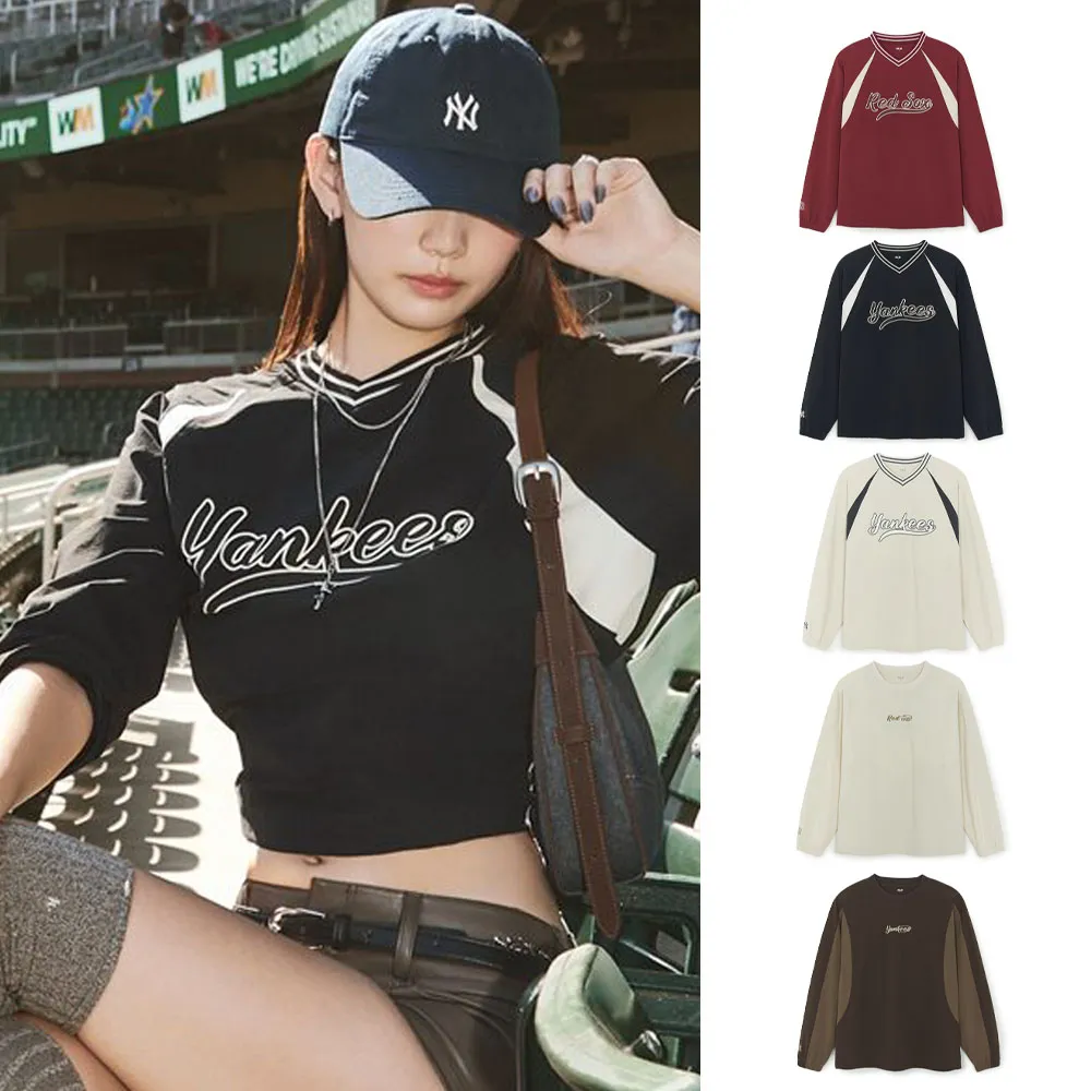 【MLB】V領長袖大學T 兩色拼接設計 Varsity系列 紅襪/洋基隊(3AMTV1254/3AMTB0754-多款任選)