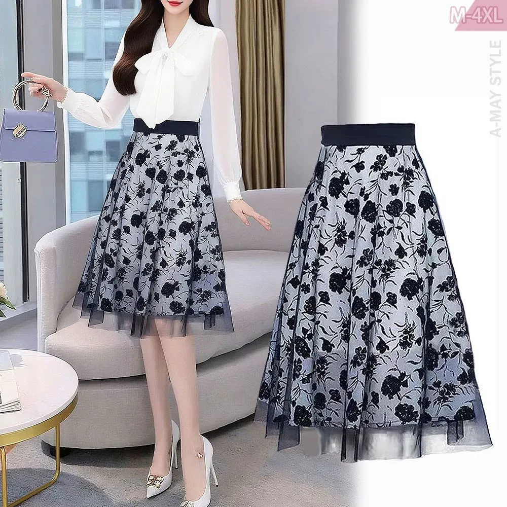 【Amay Style 艾美時尚】夏新品 中大尺碼女裝 紗裙 時尚碎花網紗層次顯瘦A字裙半身裙。M-4XL(黑.預購)