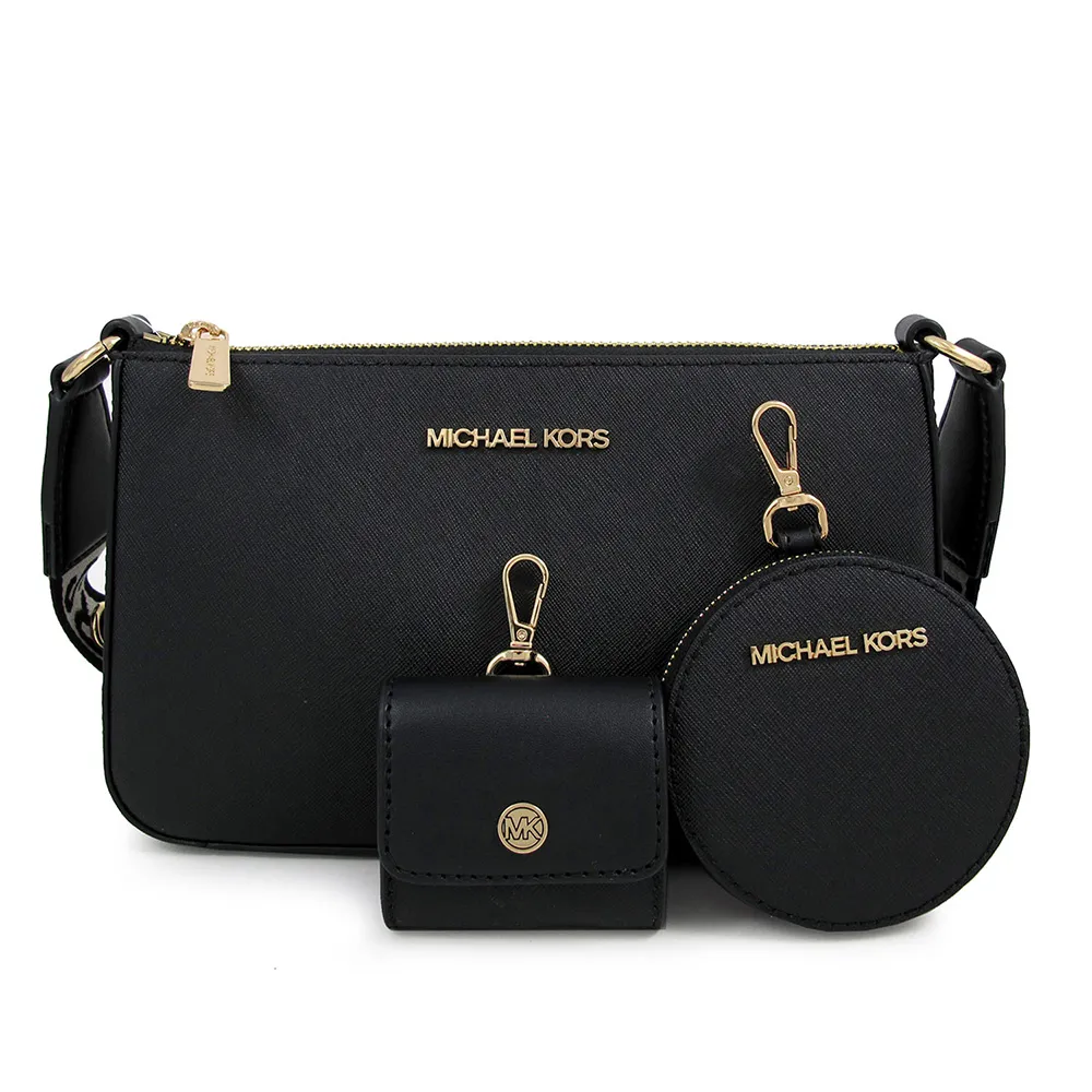 【Michael Kors】金字防刮皮革三合一零錢包xAirposx斜背包(黑字)