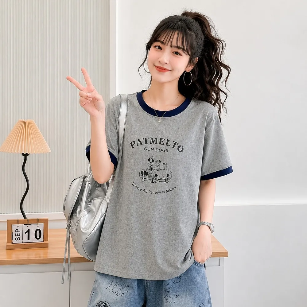 【YOUNGBABY】復古狗狗印花撞色滾邊圓領T恤 中大尺碼女裝