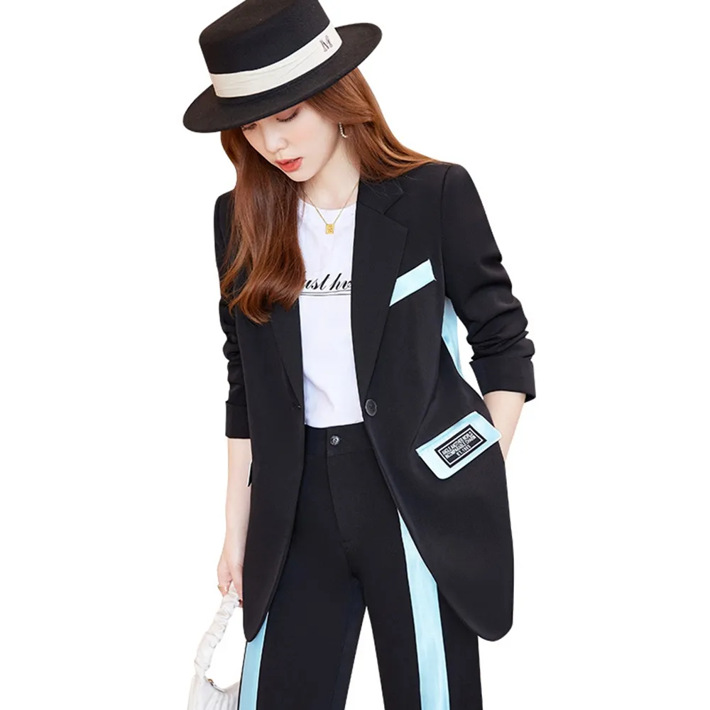 【米蘭精品】現貨+預購 西裝套裝兩件套(撞色條紋外套長褲女職業西裝2色74ct7)