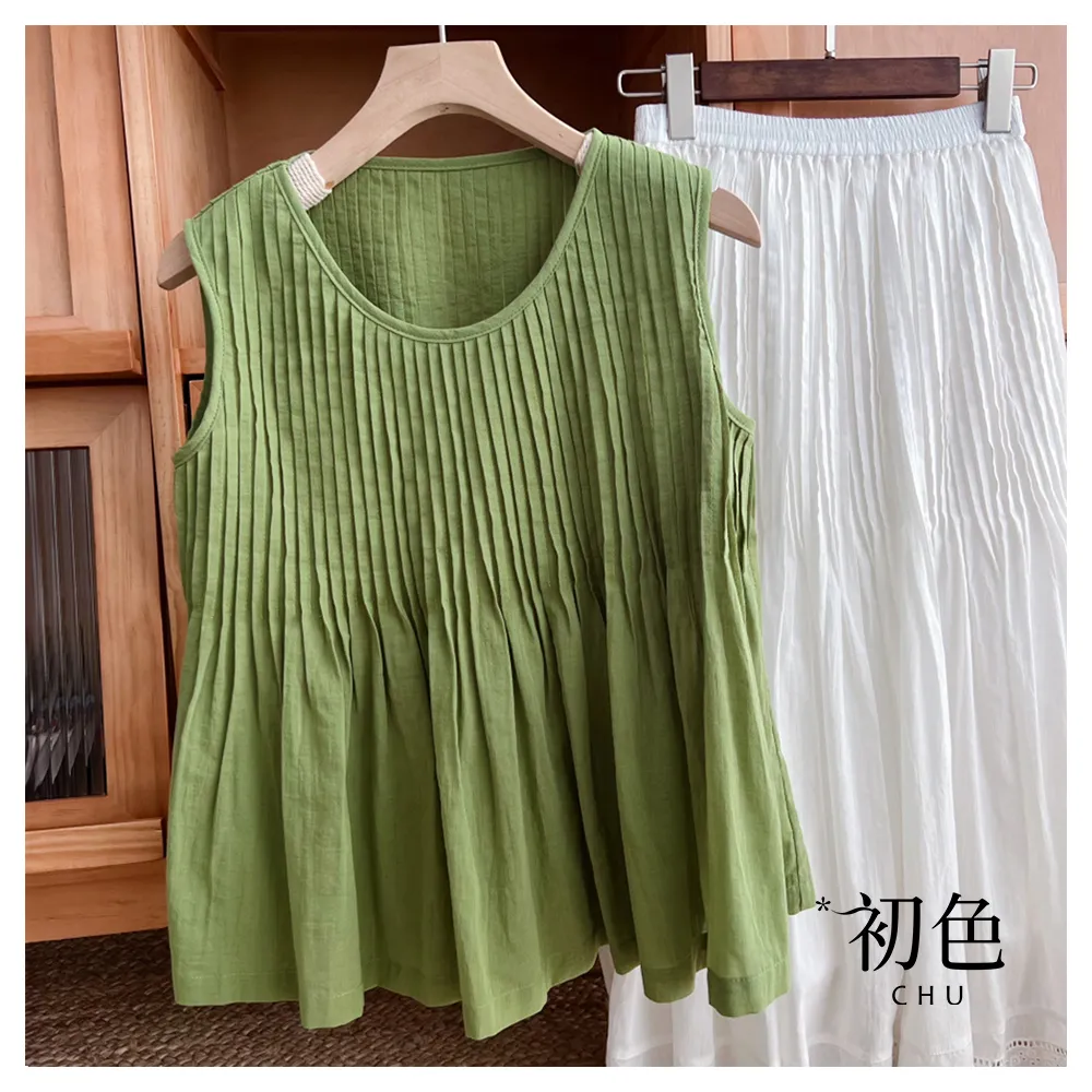 【初色】棉麻風素色壓褶圓領無袖背心女背心-共2色-36449(M-2XL可選)