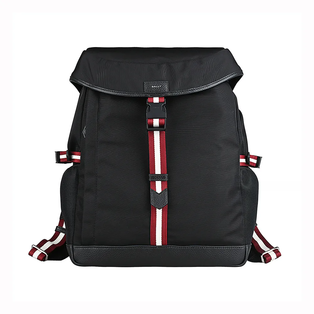 【BALLY】BALLY Code內裡縫線皮標銀字LOGO紅白直條紋織帶設計尼龍邊飾牛皮釦式束口後背包(黑)
