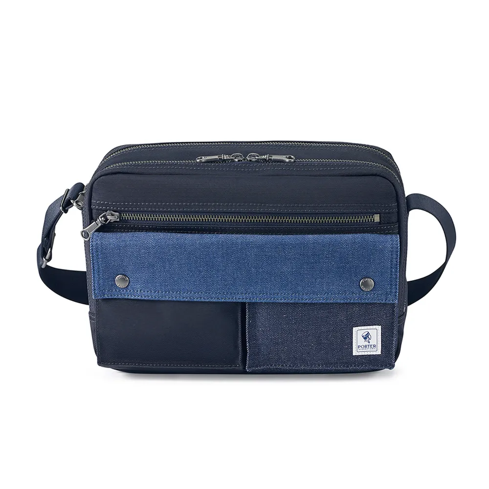 【PORTER INTERNATIONAL】牛仔拼接PATCH WORK雙層斜背包-M(深藍色)