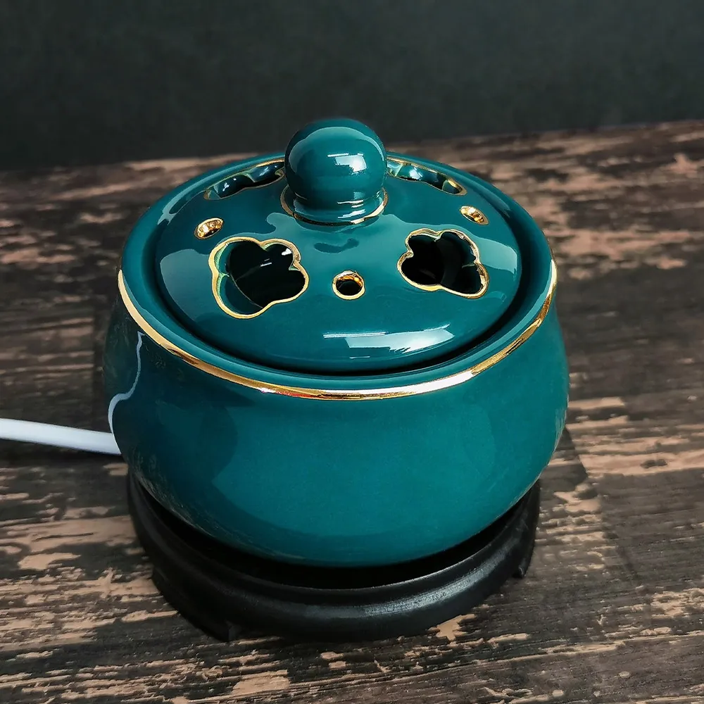 【財神小舖】電子薰香爐 彩金孔雀綠(可定時 一爐多用 手工陶瓷 開運 招財 淨化空間 拜拜香)