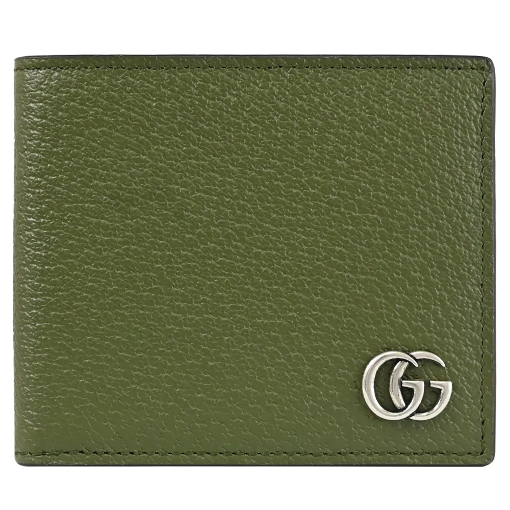 【GUCCI 古馳】金屬雙G LOGO素雅皮革雙層8卡對折短夾(墨綠)