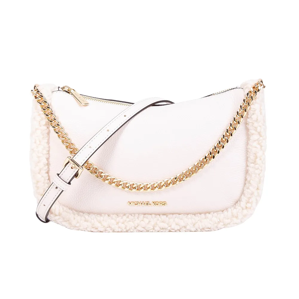 【Michael Kors】CARMELA 荔枝皮紋毛邊手提斜背包(白色)