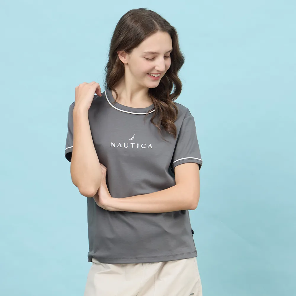 【NAUTICA】官方旗艦 女裝 經典LOGO刺繡滾邊短袖T恤(灰色)