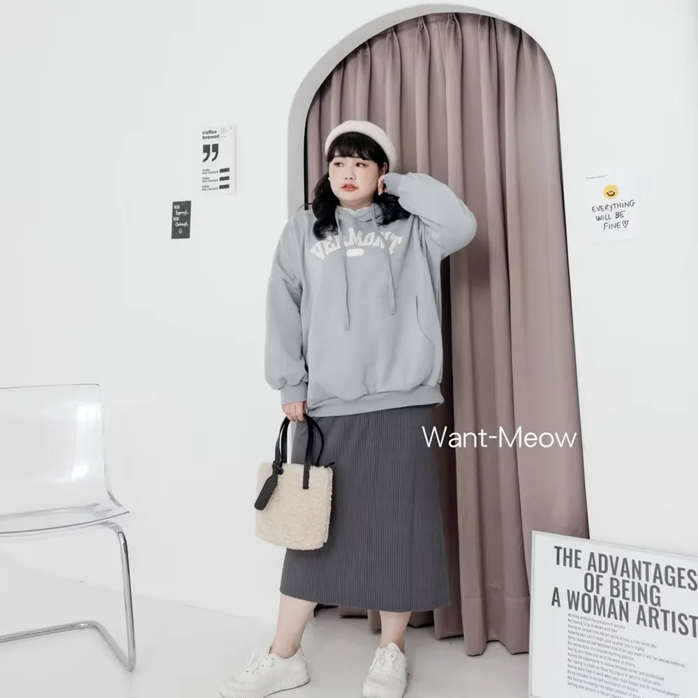 【Want-Meow】100公斤可穿/韓奶杏色系連帽大學T/鋪棉/暖呼呼/帽T(大碼上衣/大碼衣著/大尺碼長袖上衣)