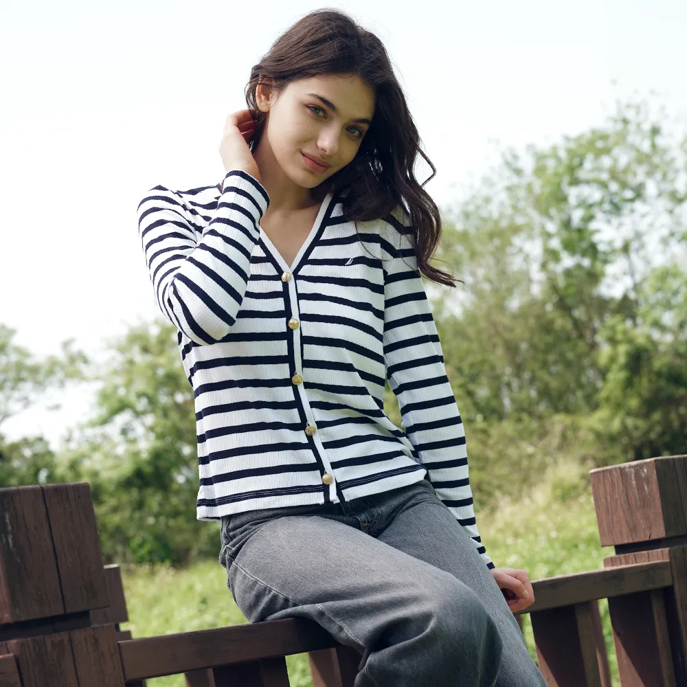 【NAUTICA】官方旗艦 女裝 經典條紋長袖針織外衫(白色)