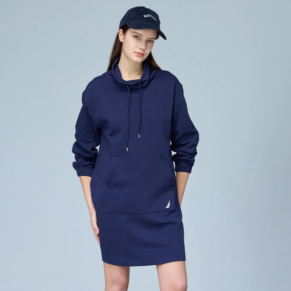 【NAUTICA】官方旗艦 女裝 立領抽繩長袖連身裙(藍色)