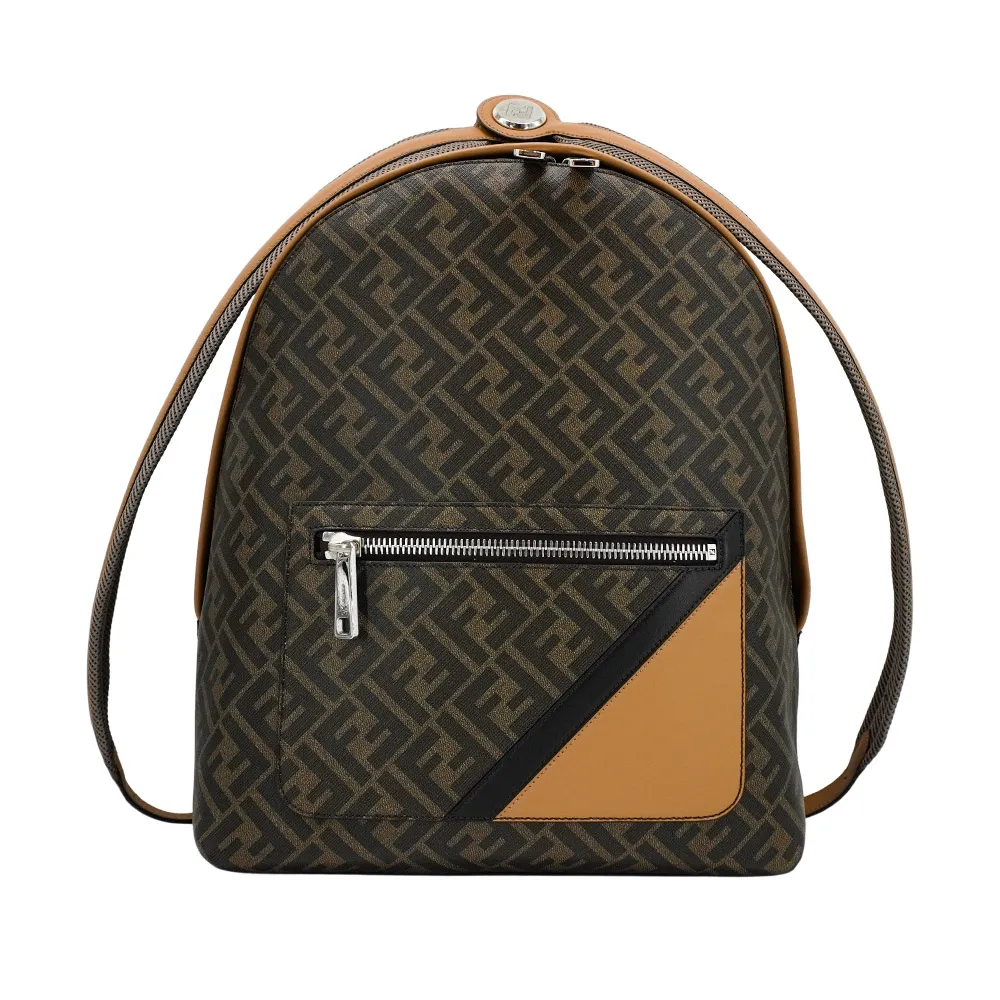 【FENDI 芬迪】Chiodo Diagonal 帆布FF Logo拉鍊中型後背包(7VZ076-棕)