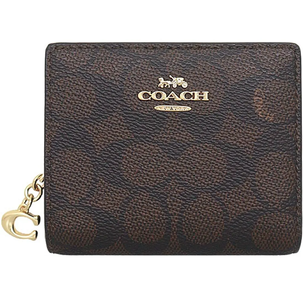 【COACH】Cx深咖啡PVC滿版LOGO / Cx黑色皮革對折式零錢包短夾(2色)