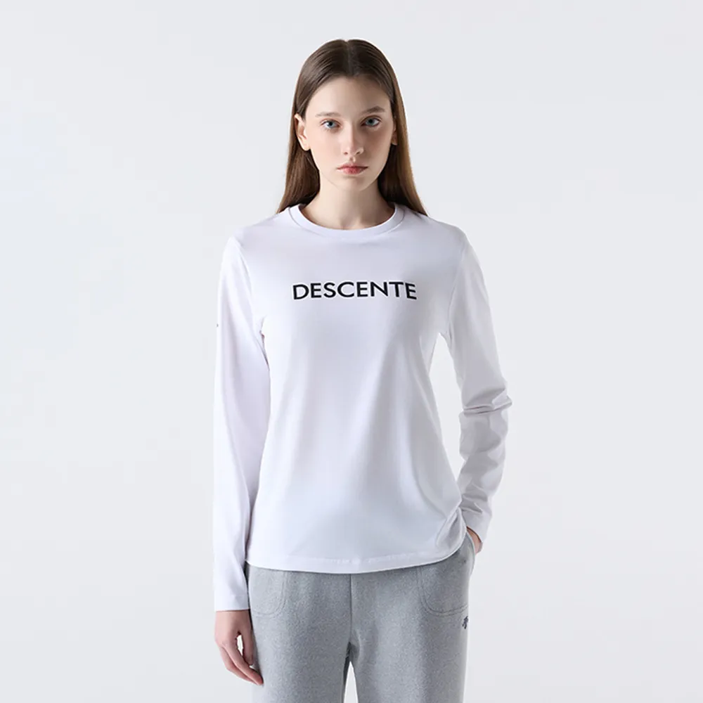 【DESCENTE】長袖上衣 男 女 中性 寬鬆版型 快排 ESSENTIAL BRUSHED 白 SQ323UTL91-WHT0