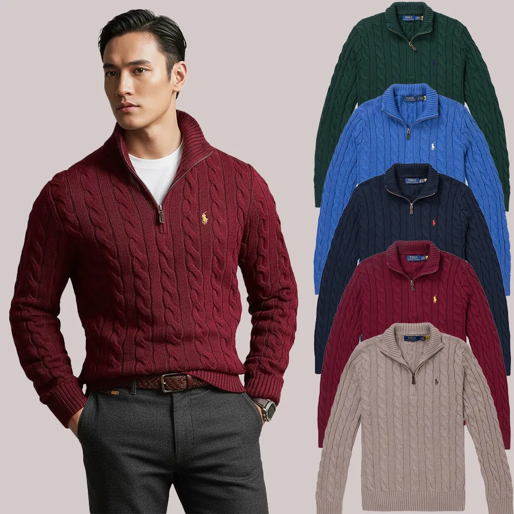 【RALPH LAUREN】RL POLO 經典刺繡小馬立領半開襟麻花毛衣 上衣-多色選(平輸品/保暖舒適)