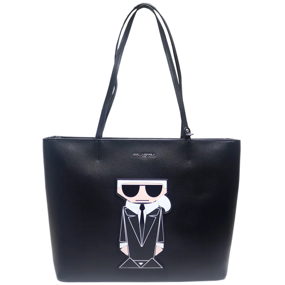 【KARL LAGERFELD 卡爾】Q版墨鏡西裝老佛爺皮革肩背托特包(大/黑色)