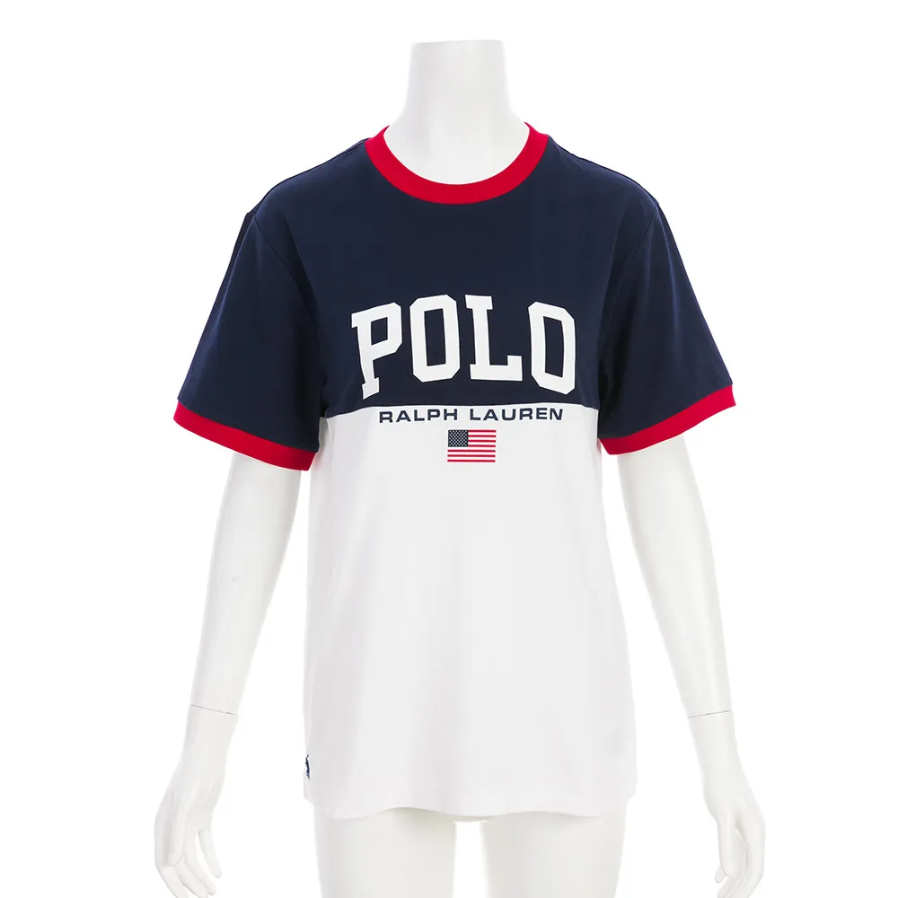 【RALPH LAUREN】印花文字logo及國旗圖案 短袖 T-shirt(深藍/白/紅邊)(L)