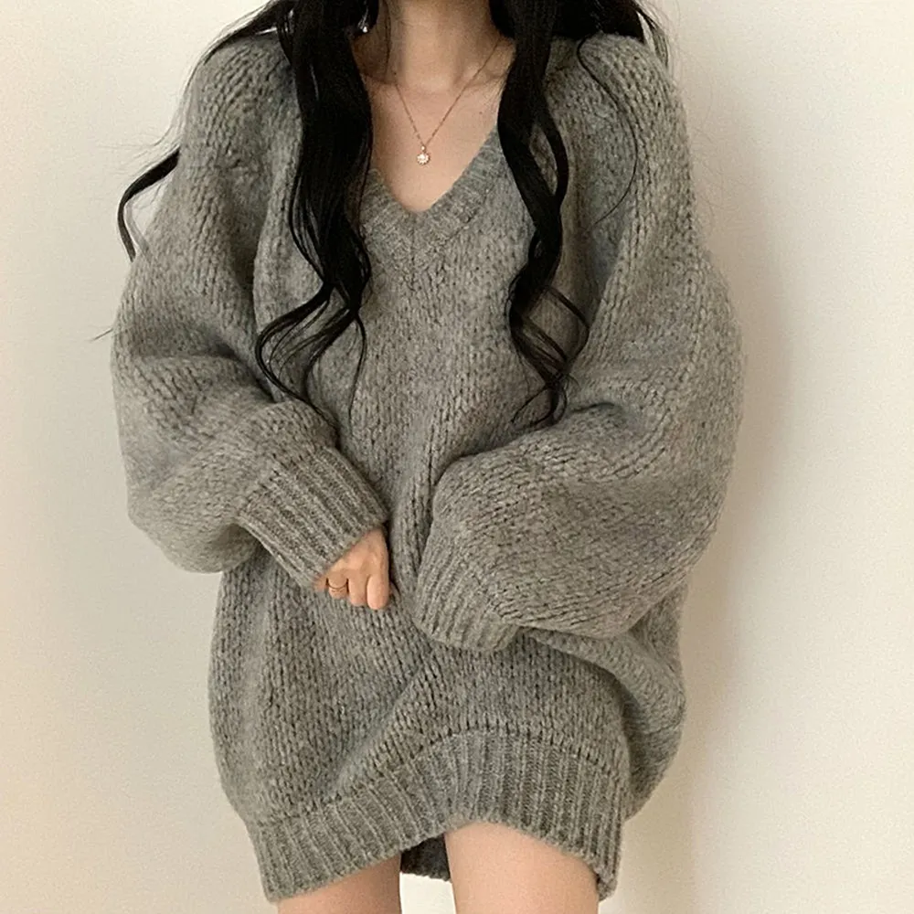 【D.studio】韓版氣質V領慵懶風長版毛衣(針織上衣長袖上衣女裝衣服長袖t恤發熱衣保暖上衣冬裝 W514)