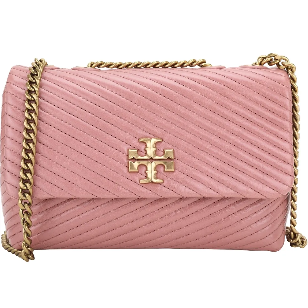 【TORY BURCH】Kira Moto牛皮斜紋鍊帶翻蓋包 斜背包-粉色