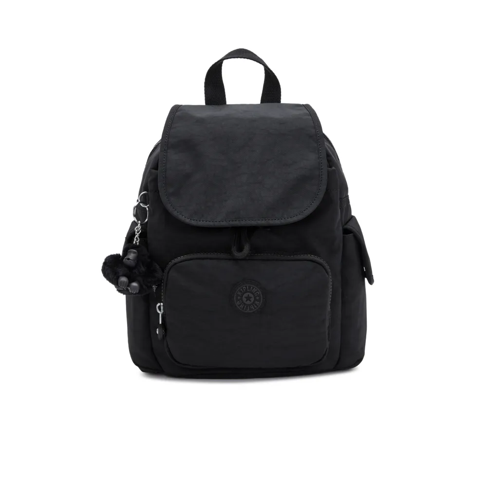 【KIPLING】『猴子包』曜岩黑品牌經典圓標拉鍊掀蓋後背包-CITY PACK MINI 女包