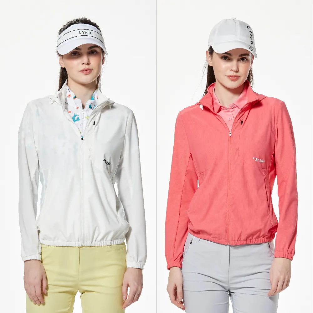 【Lynx Golf】女款抗UV機能彈性舒適後背透氣隱形拉鍊胸袋造型可拆式連帽長袖外套(二色)