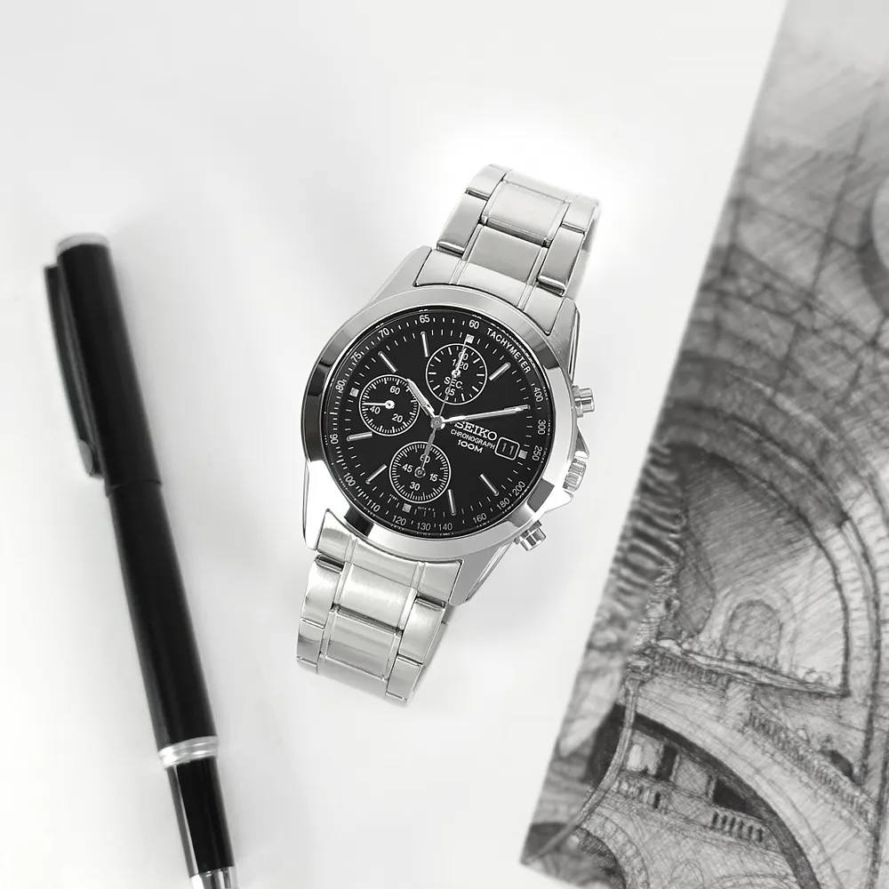 【SEIKO 精工】三眼計時 日期 防水100米 不鏽鋼手錶 黑色 38mm(SND309P)