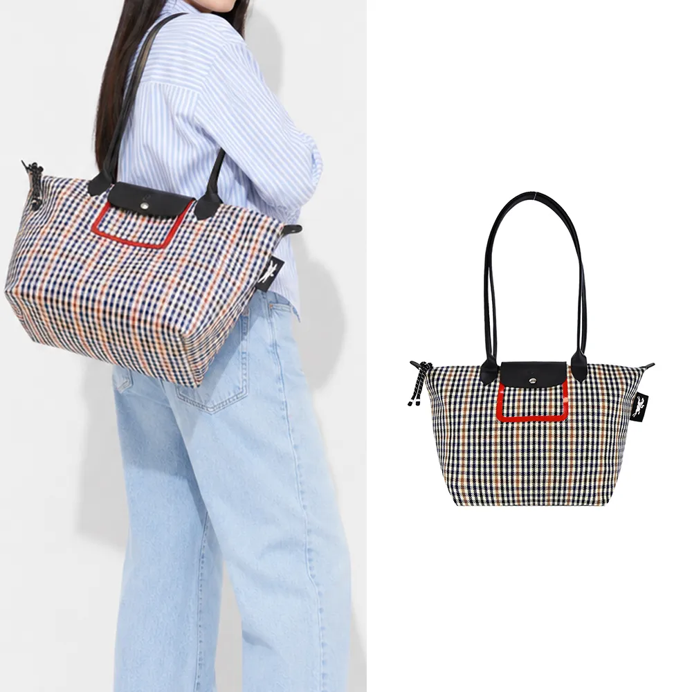 【LONGCHAMP】LE PLIAGE 系列千鳥格紋帆布長把肩背/斜背包(海軍藍x白蘭地酒)