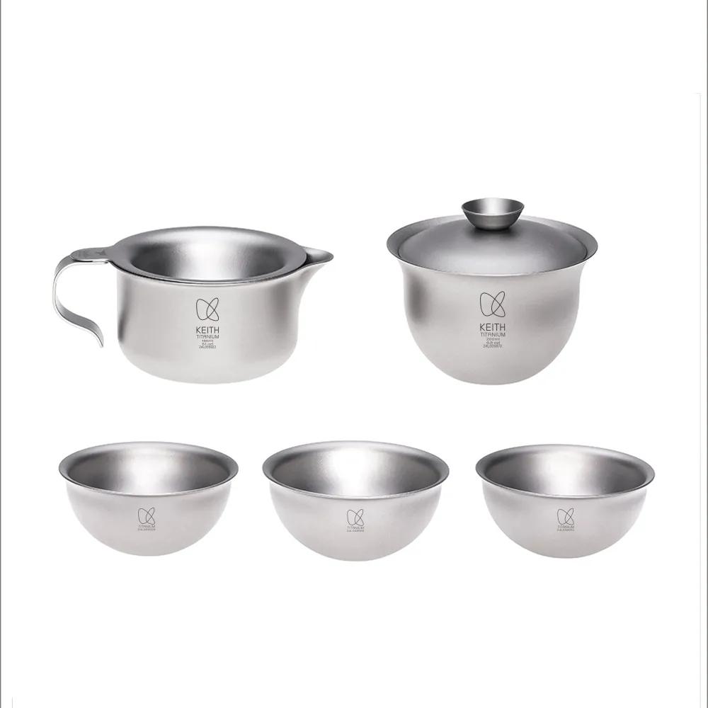 【Keith】鎧斯鈦時尚功夫鈦茶具6件套組合 180ml / Ti3910(攜帶式旅行茶具 隨身泡茶組 鈦茶杯 鈦茶壺鈦茶具)