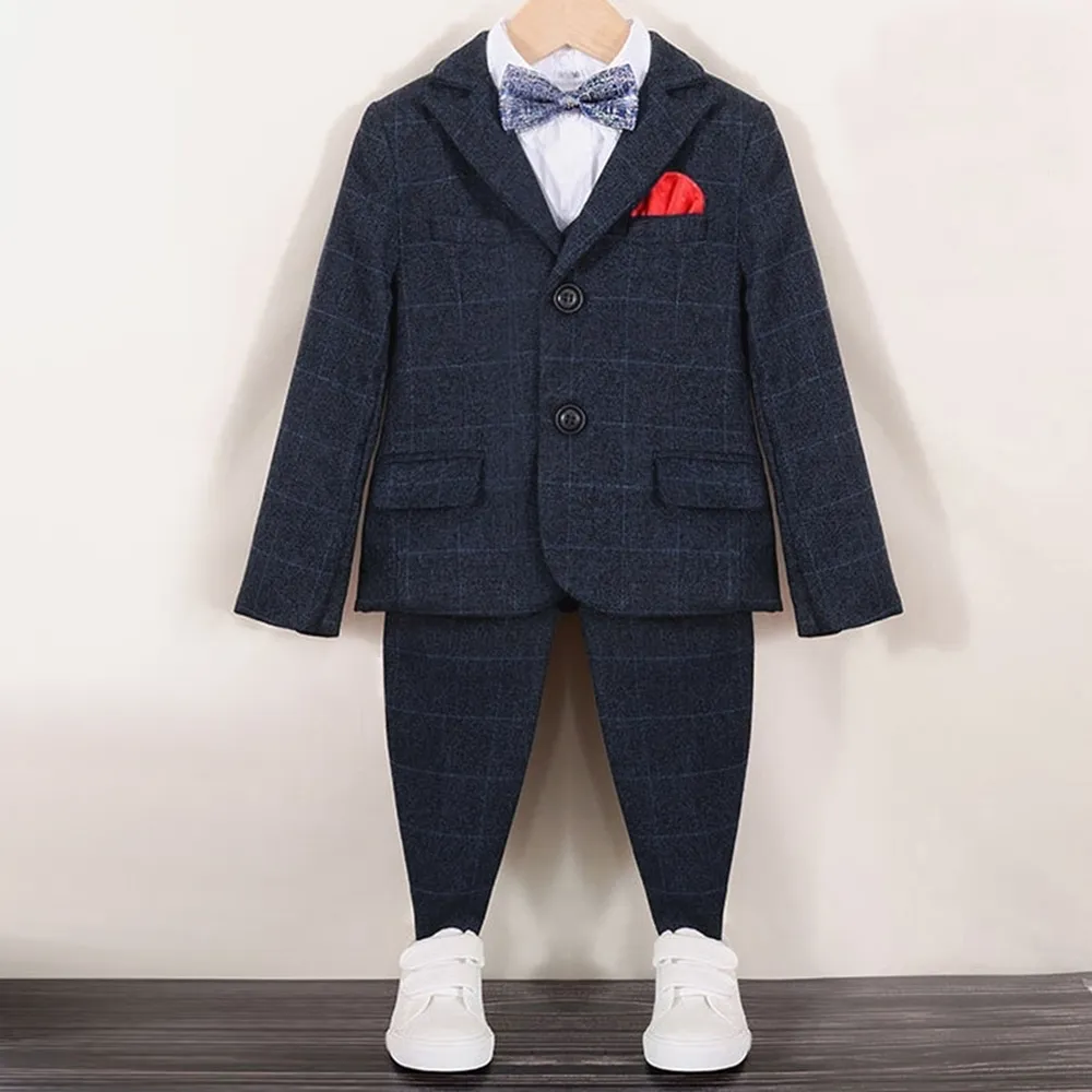 【橘魔法】藍灰毛尼格紋西裝套裝 4件組(男童 大童 花童 正裝 畢業典禮 西裝外套 西裝背心 西裝褲 童裝)
