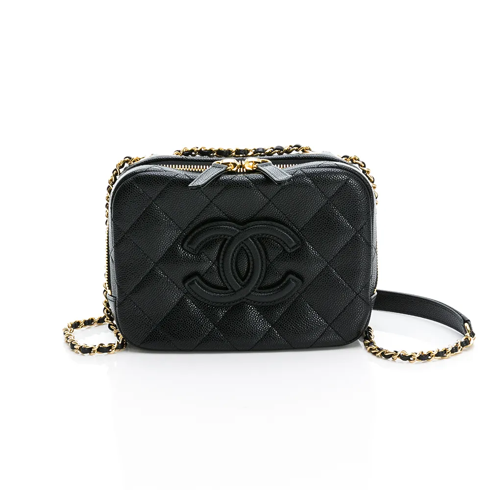 【CHANEL 香奈兒】經典雙C LOGO菱格紋小牛皮鏈帶相機包/斜背包(黑色/金鍊)