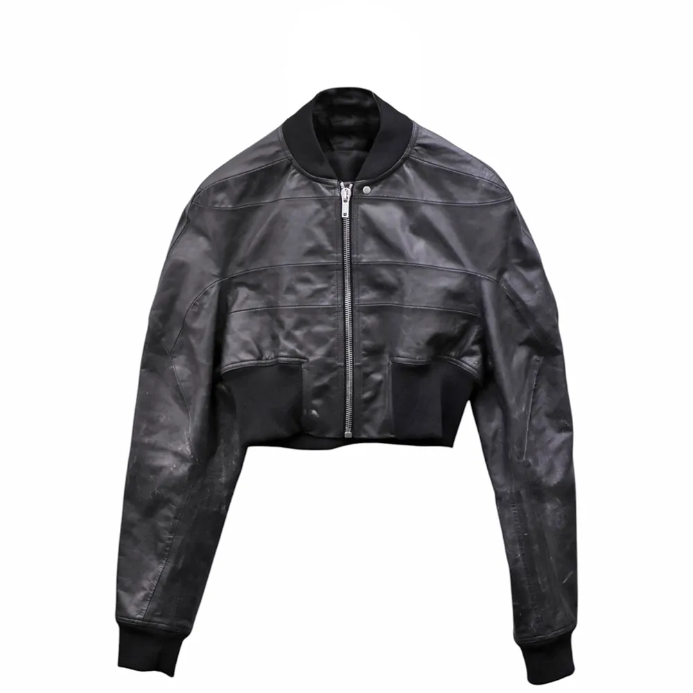 【RICK OWENS】經典SS25 HOLLYWOOD系列復古仿舊刷色小牛皮短版飛行夾克(黑色RP01E7713LTP)