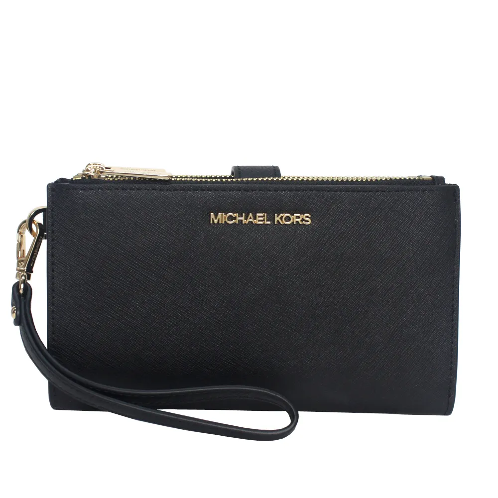 【Michael Kors】金字滿版防刮皮革雙層手機長夾(黑-可手掛)