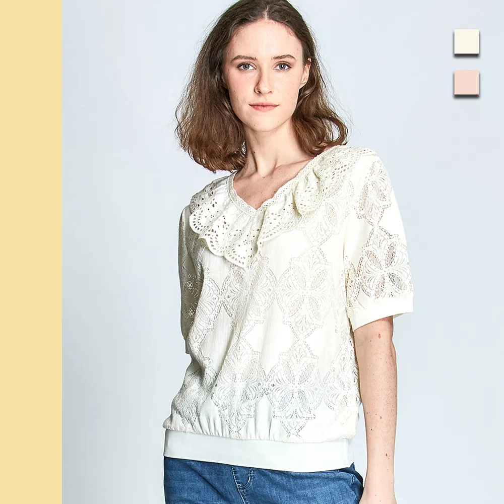 【Just Wear 佳葳】典雅緹花棉質上衣 2色(女上衣/女上著/滿版/素色/短袖/翻領/鏤空/拼接)