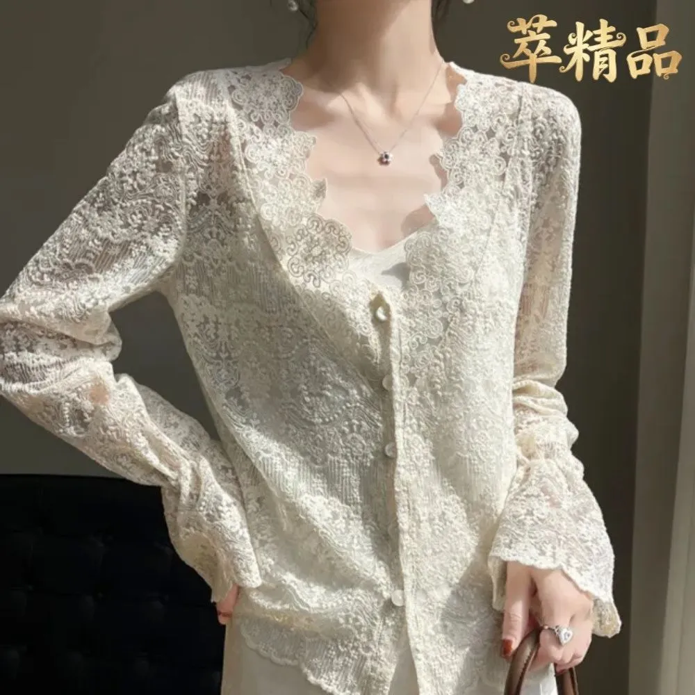 【米蘭精品】雙11優惠 針織外套防曬罩衫(高工藝鏤空蕾絲花邊女外套t1lc84)