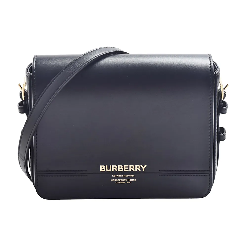 【BURBERRY 巴寶莉】經典Grace系列金色品牌字樣牛皮翻蓋肩背/斜背(展示品-黑色)