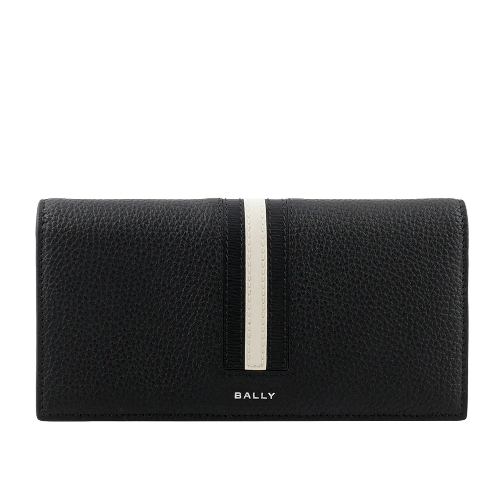 【BALLY】Ribbon 黑白條紋牛皮對開長夾(黑)