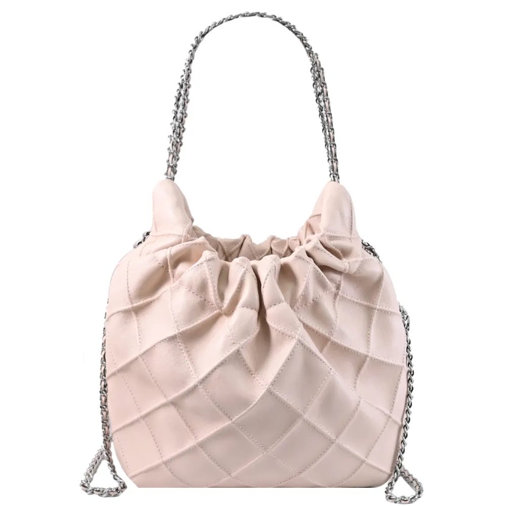 【TORY BURCH】Fleming Hobo 品牌雙T LOGO吊飾軟皮革鏈帶流浪包(粉)